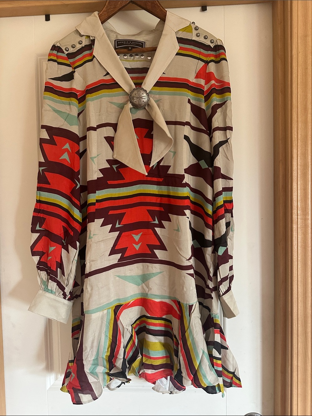 Double D Ranch Cream Tunic Dress with Red, Teal and Brown Aztec Stripes